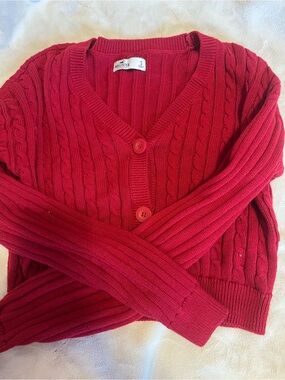 Hollister Red Cable Knit V-Neck Button Cardigan
